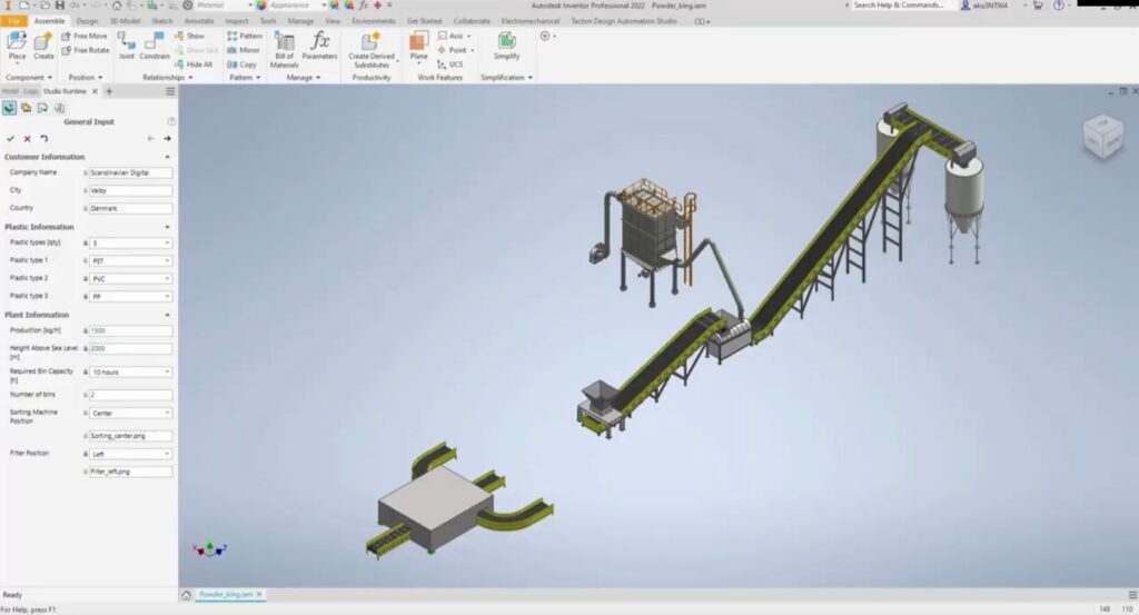 Tacton Design Automation Studio in Autodesk Inventor generating a configured plant layout